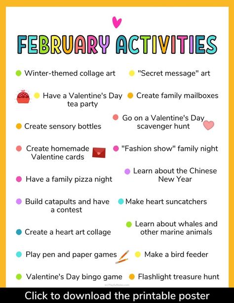 February Activities For Kids, February Games, Monthly Family Activities, Activity Days Ideas, February Lessons, Family Pizza Night, Daycare Themes, Activity Calendar, February Activities