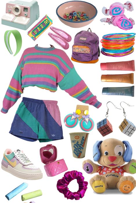 This fun and nostalgic outfit is perfect for the woman who wants to channel her inner 90s kid. With its bright colors and playful patterns, this outfit is sure to turn heads wherever you go. Whether you're going to a 90s themed party, a concert, or just running errands, the 90s Kid Toy Pink and Blue Outfit is the perfect way to show off your love of the 90s and your sense of style. 90s Kids Outfits, Pink And Blue Outfit, 90s Themed Party, 90s Kids Toys, Childhood Toys, 90s Kids, Xmas Party, Blue Outfit, Outfit Shoplook