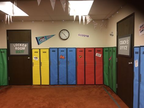 VBS Game On Locker Room Seekers In Sneakers Vbs Decorations, Team Locker Room Decorations, Locker Room Game Day Decorations, Champion Vbs Decorations, Sport Locker Decorations, Sports Vbs Decorations, Decorating Lockers For Sports, Vbs Sports Theme Decorations, Vbs Sports Theme