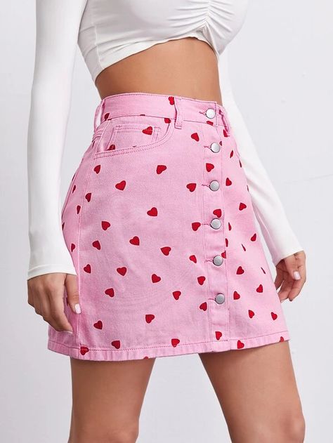 Button Front Allover Heart Print Denim Skirt | SHEIN Lovecore Fashion, Denim Skirt Outfits, Heart Clothes, Print Denim, Denim Skirt Women, Denim Skirts, Printed Denim, Girly Outfits, Heart Print