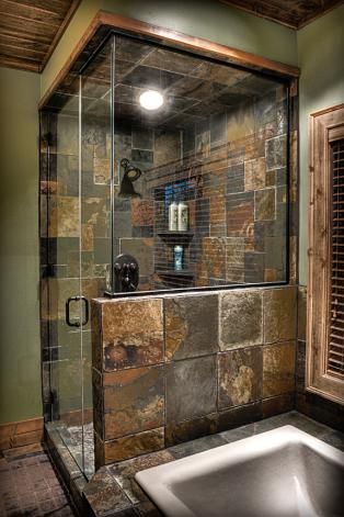 If rock in the master bath is determined to be cost prohibitive, this tile option would work too. Rustic Bathrooms Ideas, Rustic Bathroom Designs, Rustic Bathrooms, Stone Walls, Dream Bathrooms, Rustic Bathroom, Kuta, Bath Remodel, Bathroom Styling