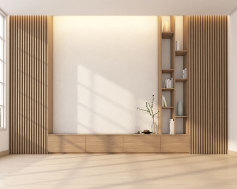 Japandi Interior Tv Wall, Japanese Tv Room, Tv Wall Design Japandi, Tv Wall Japandi, Japandi Living Room Tv, Japandi Tv Wall, Tv Wall Ideas, Slat Wall Panel, Storage Doors