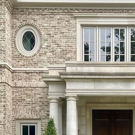 Brick And Limestone Exterior, Slate Architecture, Limestone House Exterior, Limewash Brick Exterior, Limestone Brick, C Brandon Ingram, Limestone House, Exterior Columns, Brick Columns