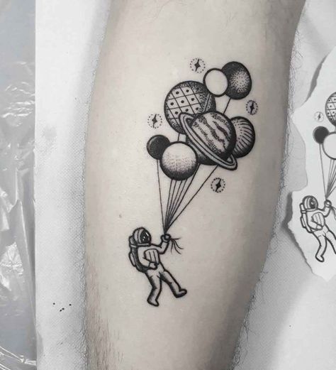 Moon Man and Planet Balloons Tattoo Back Design, Hip Tattoo Quotes, Wildflowers Tattoo, Tiki Tattoo, Balloon Tattoo, Astronaut Tattoo, Design Symbols, Belly Tattoos, Tattoo Back