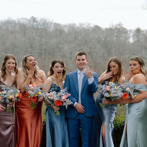 A vibrant lineup 💜🧡 Featuring a mix of our Shiny Satin bridesmaid dresses in Sage, Twilight, Dark Mauve, Dusty Blue, and Terracotta #BIRDYGREY #birdyinthewild Photographer: @brittanihalbertphoto Venue: @highgrovenc Florals: @poppybellefloraldesign Dusty Blue And Terracotta Bridesmaid Dresses, Blue Bridesmaid Dresses Fall, Slate Blue Bridesmaid Dresses, Blue And Terracotta, Flattering Bridesmaid Dresses, Fall Bridesmaid Dresses, Dark Mauve, Birdy Grey, Satin Bridesmaid Dresses