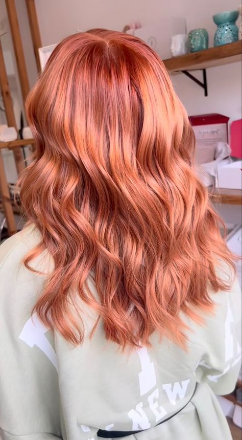 Rose Gold Hair Copper, Copper Hair With Rose Gold Highlights, Pinky Copper Hair, Coral Copper Hair, Ginger Rose Gold Hair, Peachy Hair Color Rose Gold, Copper Pink Hair Rose Gold, Peach Copper Hair Color, Burnt Peach Hair