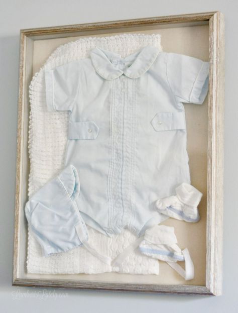 How to Make a DIY Framed Baby Outfit | Lamberts Lately Framed Baby Clothes, Framing Clothes, Framed Clothing, Farmhouse Vignettes, Newborn Going Home Outfit, Newborn Shadow Box, Family Heirloom Display, Baby Memorabilia, Baby Frames