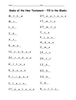 Fill in the blanks for each book of the New Testament with this printable handout (1 page). Books include: Matthew, Mark, Luke, John, Acts, Romans, 1 Corinthians, 2 Corinthians, Galatians, Ephesians, Philippians, Colossians, 1 Thessalonians, 2 Thessalonians, 1 Timothy, 2 Timothy, Titus, Philemon, He... What Each Book Of The Bible Is About, New Testament Games, School Crafts For Kids, Books Of The New Testament, Sunday School Worksheets, Bible Study Activities, School Pranks, Romans 1, Bible Worksheets