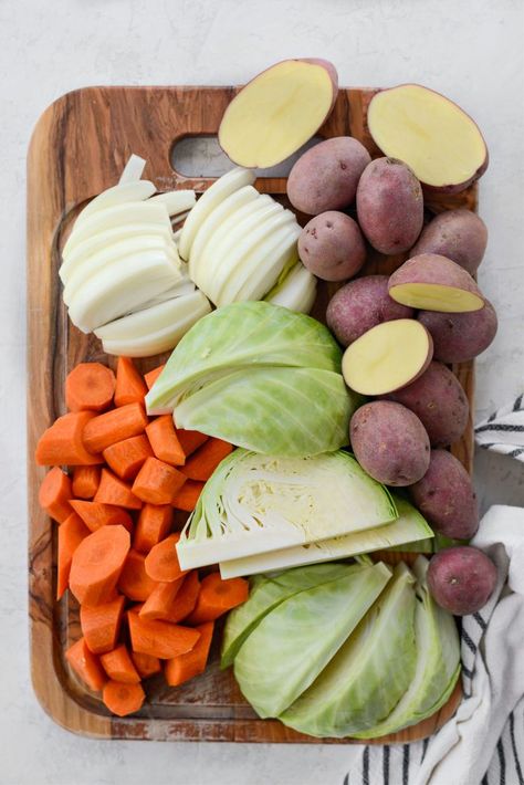 prepped carrots, onions, potatoes and cabbage Roasted Cabbage Carrots And Potatoes, Cabbage And Red Potatoes, Cabbage Carrot Potato Recipes, Baked Cabbage And Potatoes, Boiled Cabbage And Carrots, Boiled Carrots And Potatoes, Boiled Cabbage Potatoes And Carrots, Slow Cooker Cabbage And Potatoes, Boiled Potatoes And Carrots