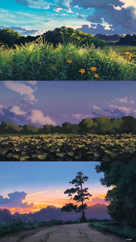 Studio Ghibli Reference Art, Ghibli Scenes Landscapes, Gauche Painting Studio Ghibli, Studio Ghibli Nature Scenes, Guache Painting Studio Ghibli, Ghibli Art Landscape, Ghibli Scenery Painting, Ghibli Style Painting, Ghibli Artwork Illustrations