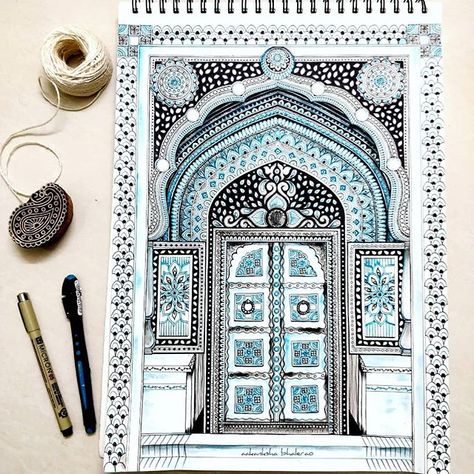 ~Aakanksha Bhalerao~ on Instagram: “Next in the doors series! This doodled version inspired by the majestic doors of Jaipur city Palace! Hope y'all are having a fantastic…” Jaipur City Palace, Mandala Creative, Stylo Art, Jaipur City, Rajasthani Art, Pen Art Work, Easy Mandala Drawing, Mandala Art Therapy, Design Mandala