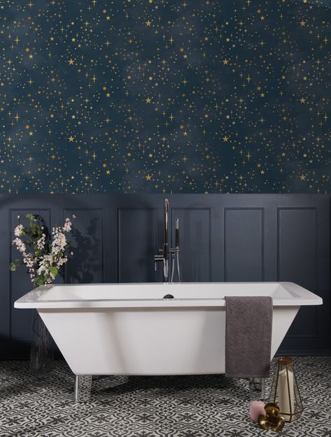 Bathroom Wallpaper Dark, Dark Bathroom Wallpaper, Celestial Bathroom, Gothic Bathroom Ideas, Small Bathroom Renos, Blue Star Wallpaper, Dark Nursery, Celestial Room, Starry Ceiling