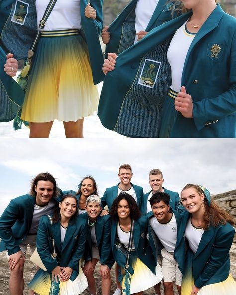 Prepare to be dazzled by Team Australia's uniforms for the Paris 2024 Opening Ceremony! 🇦🇺✨ Designed by Sportscraft, these outfits blend modern elegance with Australian heritage. Featuring a striking green blazer paired with a green and gold ombre skirt or stone chinos, Team Australia is ready to shine on the world's biggest stage. Join us in cheering on our athletes in style! #Paris2024 #OlympicFashion #TeamAustralia #AussieStyle Paris Olympics 2024 Outfits, Olympic Uniform, Olympic Fashion, Stone Chinos, Ombre Skirt, Merchandise Ideas, Olympics 2024, Gold Ombre, Sports Graphic Design