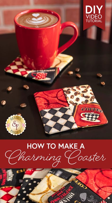 Sip your hot cocoa and cozy up by the fireplace as Jen shares how to make these adorable Charming Coasters using 5" squares. This beginner-friendly project is perfect for gift-giving or simply adding a personal, handmade touch to your home! Sewing Mug Rugs Free Pattern, Mug Cozies Fabric, Easy Mug Rugs Patterns Free How To Make, Mug Rugs Patterns Free How To Make, Free Coaster Patterns, Mug Rugs Patterns Free, Coasters Quilted, Quilted Potholder Pattern, Making Coasters