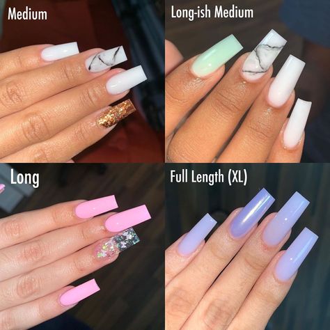 Jhohannails on Instagram: “Length chart for reference on how I do certain lengths. Medium is the shortest I go .  Please keep in mind these are how IIIIII do these…” Lumpy Space, Natural Nail Art, Vacation Nails, Christmas Nails Acrylic, Unique Acrylic Nails, Dark Nails, Popular Nails, Nail Length, Acrylic Nail Art