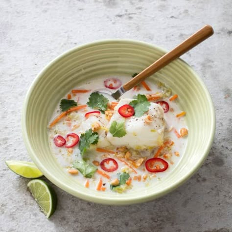 Cod in Coconut Broth with Lemongrass and Ginger | America's Test Kitchen Ginger Broth, Coconut Broth, Cooked Fish, Sweet Carrot, America's Test Kitchen Recipes, America's Test Kitchen, Cooks Illustrated, Ginger Recipes, Shrimp Scampi