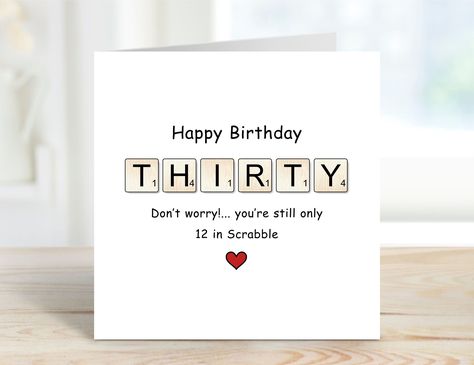 Whether you're looking for a 30th birthday card for a scrabble lover, an anniversary card for a special couple, a special 30th birthday card for your scrabble loving auntie or maybe even a cheeky valentine's day card for somebody special we're sure you'll find one of our greetings cards that will make them smile. From our small print studio we design, print, make and sell a range of white & recycled kraft greetings cards which are suitable for many different special occasions.  ♥ Each card measu 30th Birthday Cards Handmade, Kraft Cards, 30th Birthday Card, Diy Holiday Cards, 33rd Birthday, 30th Birthday Cards, White Cards, Print Studio, Small Print