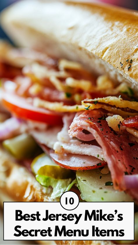 Close-up of a Jersey Mike's sub sandwich filled with fresh ingredients, showcasing a secret menu item option. Jersey Mikes Seasoning, Publix Subs Recipes, Jersey Mikes Italian Sub Copycat, Jersey Mikes Oil And Vinegar Recipe, Jersey Mikes Sub, Jersey Mikes, Specialty Sandwiches, Russian Dressing, Secret Menu Items