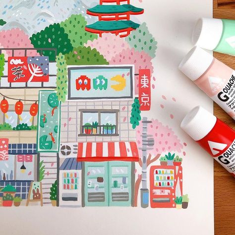 Holbein Acryla Gouache, Tokyo Drawing, Travel Illustration Art, Gouache Ideas, Gouache Sketchbook, Mini Sketchbook, Acryla Gouache, Modern Folk Art, Tokyo Art