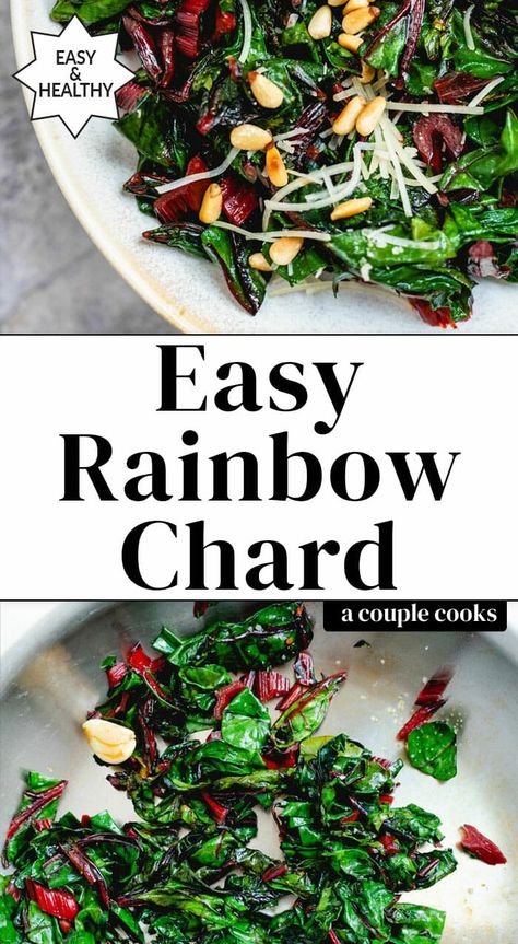 Make chard taste incredible with this sauteed rainbow chard recipe! Amp the flavors in this easy side dish by adding pine nuts and Parmesan. #rainbowchard #chard #chardrecipe #rainbowchardrecipe #vegan #vegetarian #plantbased #sidedish #easysidedish #swisschard #healthy Roasted Eggplant Pasta, Chard Recipes Healthy, Swiss Chard Recipes Easy, Rainbow Chard Recipes, Swiss Chard Recipes, A Couple Cooks, Chard Recipes, Rainbow Chard, Vegetarian Cookbook