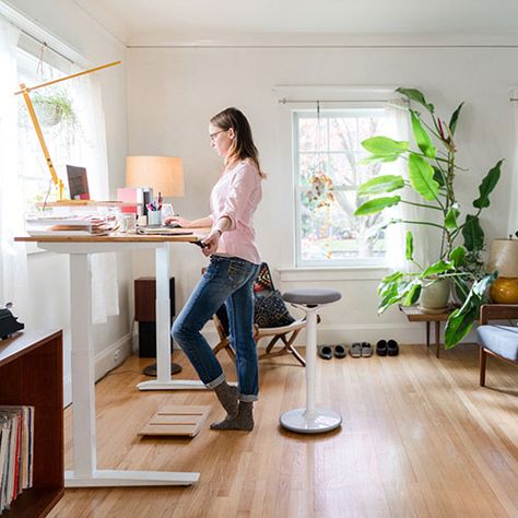 Uplift Desk Home Office, Standing Desk Office Layout, Sit Stand Desk Home Office Layout, Standing Desk Home Office, Standing Desk Design, Wfh Desk, Desks Chairs, High Office Chair, Standing Desk Chair