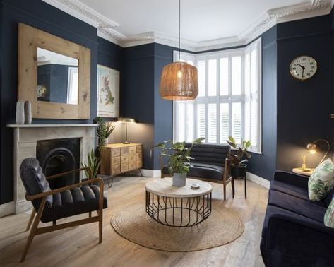 Victorian Terrace Interior, Mid Terrace House, Lounge Diner, Terrace Interior, Victorian House Interiors, London Living Room, Navy Living Rooms, Bedroom Victorian, Victorian Terrace House