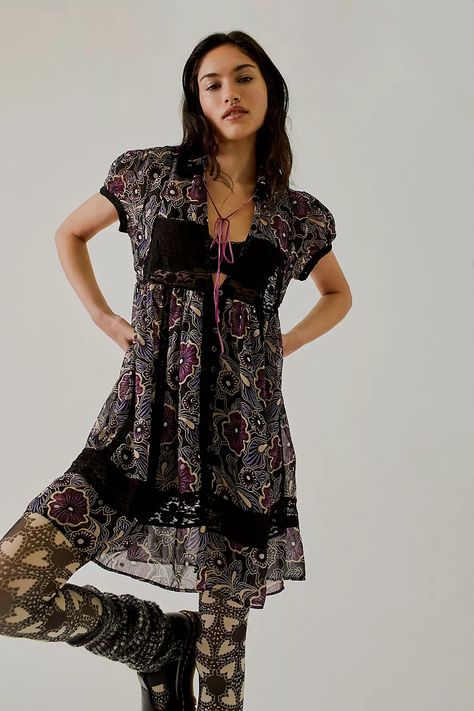 FP x Anna Sui Rosie Babydoll Mini Dress Velvet Shirt Dress, Babydoll Mini Dress, Baby Graphic Tees, Anna Sui, Mini Sweater Dress, Mini Dress Shop, Velvet Tops, Babydoll Dress, Free People Dress