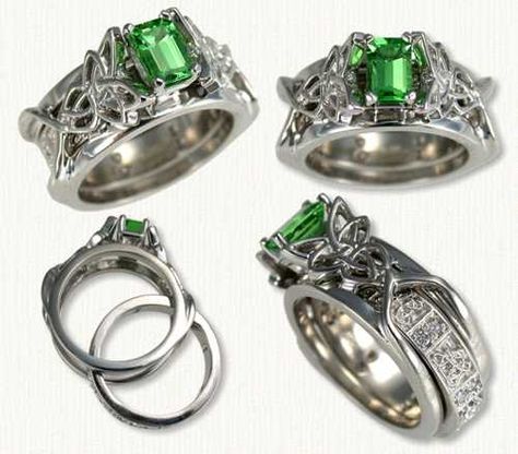 This 14kt white gold Reverse Cradle is 8-9mm wide and holds a 3.5-4.0 mm inside band. This Katie is shown with an 0.85ct emerald cut Chatham emerald.  http://www.raru.com/reversecradle/katiereverse.php Emerald Stone Engagement Ring, Rings With Gemstones, Celtic Wedding Bands, Celtic Engagement Rings, Celtic Wedding Rings, Couple Wedding Rings, Celtic Wedding, Lab Created Emerald, Celtic Rings