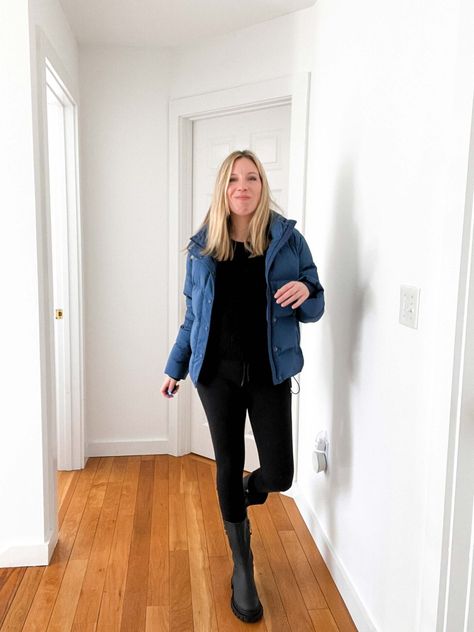 Leggings & Lug Sole Chelsea Boots: 5 Cute Winter Outfit Ideas - The Mom Edit What To Wear With Leggings, Boots Winter Outfit, Lug Sole Chelsea Boots, Olive Boots, Cute Winter Outfit, Ll Bean Sweater, Mom Edit, Pink Puffer Jacket, Boots And Leggings