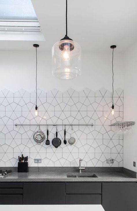 25 Stylish Hexagon Tiles For Kitchen Walls And Backsplashes | Home Design And Interior Hexagon Tile Kitchen, Modern Scandinavian Interior Design, White Kitchen Splashback, Kitchen Splashback Tiles, Geometric Kitchen, Modern Scandinavian Interior, Herringbone Backsplash, Kitchen Splashback, Scandinavian Interior Design