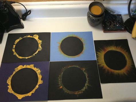 Blow painting, oil pastels, or chalk solar eclipse art Eclipse Art Activities, Solar Eclipse Arts And Crafts, Solar Eclipse Sensory Bin, Eclipse Craft Preschool, Easy Solar Eclipse Crafts For Kids, Solar Eclipse Art Preschool, Eclipse Experiments For Kids, Solar Eclipse Kindergarten, Eclipse Bulletin Board