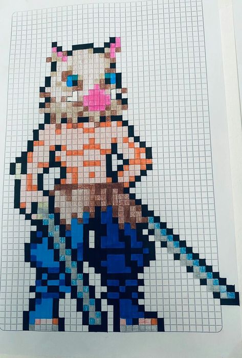 Pixel Art Ideas Anime, Demon Slayer Pixel Art Grid, Minecraft Art Pixel, Pixel Art Anime Easy, Anime Pixel Art Grid, Inosuke Drawing, Demon Slayer Pixel Art, Pixelart Anime, Minecraft In Real Life