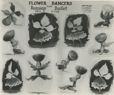 This is an original photostat model sheet from the Walt Disney Studios production of the Waltz of the Flowers segment of Fantasia. This model sheet features the flowers from teh Russian dance, and was created at the studio and used by animators during production to ensure consistent character design. The sheet measures 11" x 14" overall and is in very good condition with a vertical crease down the center of the sheet and minor edge wear. Fantasia Flowers Disney, Fantasia Tattoo Disney, Fantasia Flowers, Fantasia Tattoo, Waltz Of The Flowers, Dancing Flowers, Russian Dance, Fantasia Disney, Nature Museum