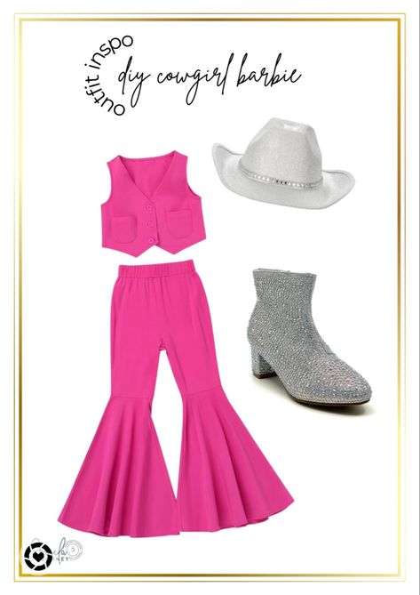 DIY girl’s cowgirl Barbie costume idea inspo - girls Barbie costume - sparkly cowgirl hat - pink cowgirl Girls Barbie Costume, Cowgirl Barbie Halloween Costume, Sparkly Cowgirl Hat, Cowgirl Costume Diy, Sparkly Cowgirl, Cowgirl Barbie, Barbie Cowgirl, Barbie Halloween Costume, Barbie Halloween