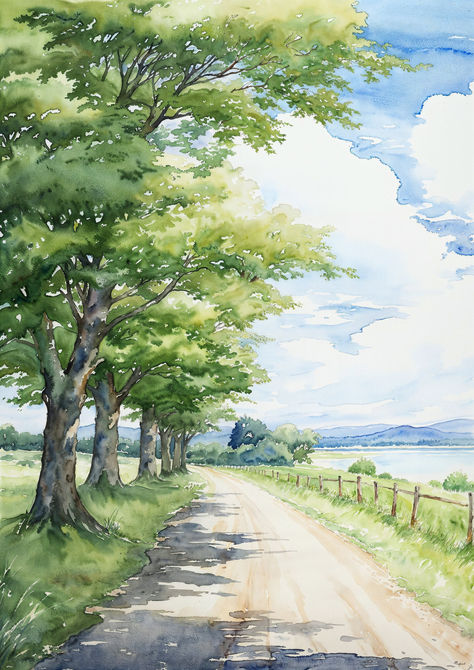 Bask in the light of a sun-kissed journey with 'Verdant Way'. This watercolor depiction of a tree-lined road illuminated by sunlight adds a bright, natural touch to your home decor. Watercolor Line Drawing, Watercolor Art Digital, Tree Drawing Watercolor, Drawing Ideas Nature, Nature Watercolor Paintings, Digital Painting Ideas, Watercolor Art Nature, Watercolour Painting Ideas, Digital Art Nature