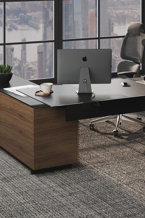 Corridor 6531 Modern L-Shaped Executive Desk | BDI Furniture Bdi Furniture, Modern L Shaped Desk, Corridor Office, L Shaped Executive Desk, Executive Office Desk, Corner Office, Furniture Dimensions, Work Space Organization, Sales Desk