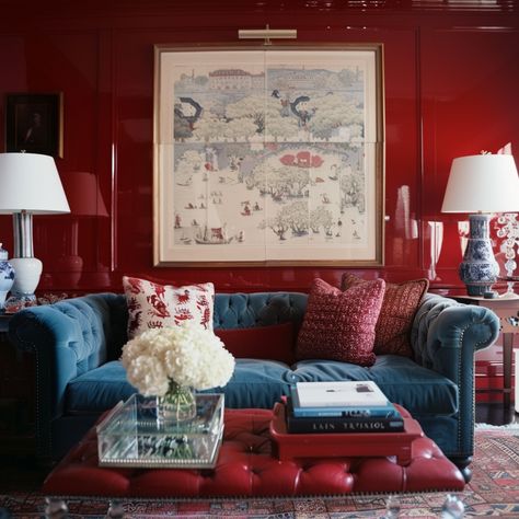 Deep Red Sofa Living Room Ideas, Red Living Room Aesthetic, Red Aesthetic Living Room, Red Wine Sofa Living Rooms, Red Couch Blue Walls, Light Blue Rooms, Blue Sofas Living Room, Colonial Home Decor, Red Living