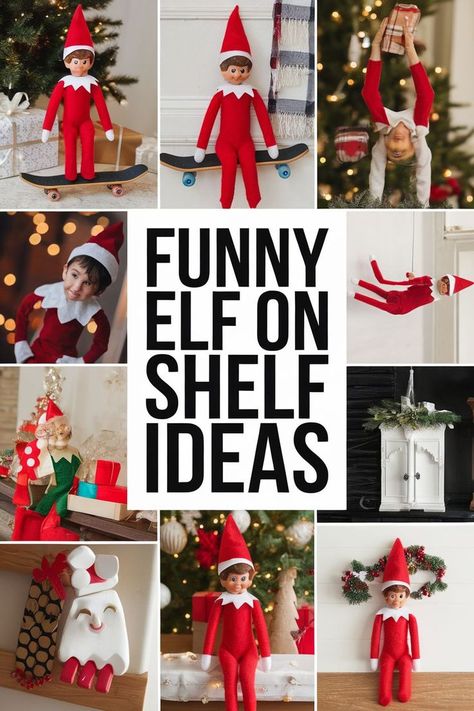 Funny elf on the shelf ideas with a collage of elf on the shelves in various positions in the background Lego Christmas Tree, Elf Shelf, Giant Bubbles, Elf Antics, Night Elf, Lego Blocks, Build A Snowman, Elf On The Shelf Ideas, Ice Cream Party