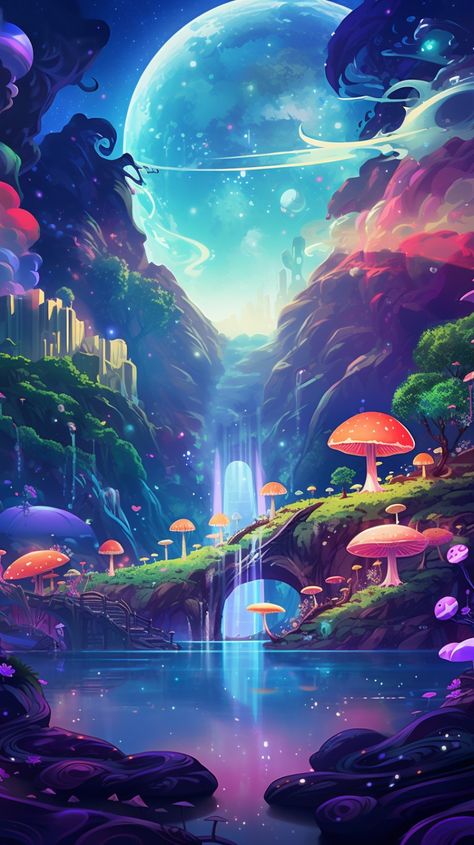 Phone Wallpaper Art Trippy Landscape, Magic Realms, Jellyfish Drawing, Android Wallpaper Art, Colorful Clouds, World Of Wonder, Breathtaking Beauty, Mushroom Art, Fantasy Art Landscapes