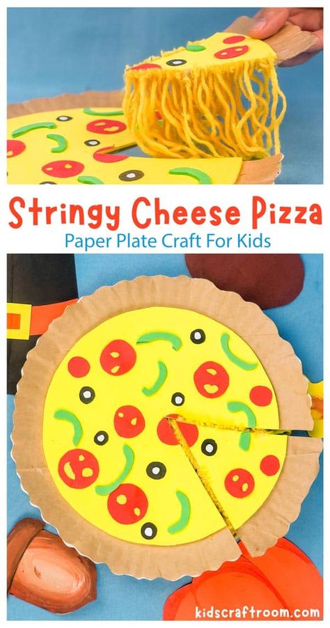 Kids will love making this Paper Plate Pizza Craft. The melted, stringy cheese looks good enough to eat! What a fun craft to encourage imaginative play! #kidscraftroom #kidscrafts #preschoolcrafts #playideas #pizza #imaginativeplay #dramaticplay #sensoryplay Pizza Craft For Preschool, Paper Plate Pizza Craft, Paper Plate Pizza, Printable Pizza, Paper Plate Art, Pizza Craft, Yogurt Drink, Yellow Crafts, Paper Plate Crafts For Kids