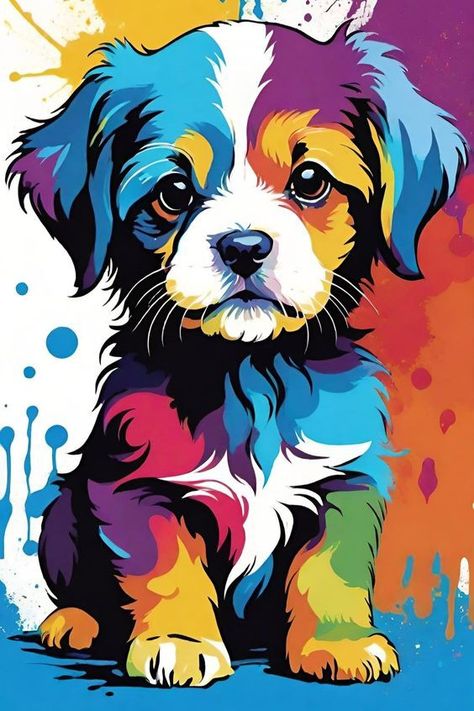 Dog Painting Pop Art, Colorful Dog Art, 50 Tattoo, Dog Design Art, Sunset Canvas Painting, Pop Art Cat, Dog Pop Art, Art Painting Gallery, Homemade Dog