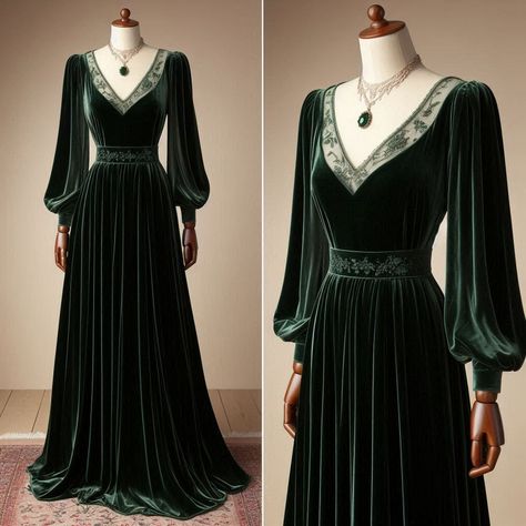 Green Velvet Dress Aesthetic, Green Velvet Evening Gown, Love Witch Aesthetic Outfits, Green Gown Aesthetic, Velvet Dress Aesthetic, Dark Green Aesthetic Outfit, Velvet Dress Designs Gowns, Gown New Design, Fantasycore Outfits