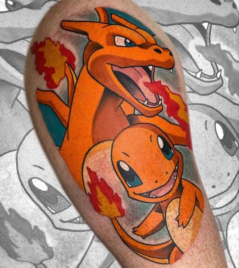 Charizard Tattoo Design, Charmander Tattoo Ideas, Pokémon Painting, Charmander Tattoo, Charizard Tattoo, Tattoo Cartoon, Tattoo Pierna, Gamer Tattoos, Pokemon Painting