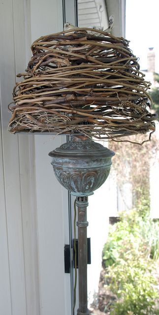 Lampshade made from curly willow branches, paper mache bird finial (converted early 20th century kerosene lamp) Organic Lamps, Luminaria Diy, Diy Luminaire, Lamp Shade Frame, Lampshade Makeover, Decoration Shabby, Diy Light Fixtures, Tafel Decor, Diy Lampe