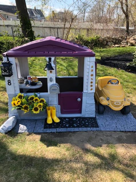 Surf Shop Playhouse, Playhouse Outdoor Landscaping, Playhouse Add Ons, Screened In Porch Playroom, Outside Playhouse Ideas, Decorate Playhouse, Painted Playhouse, Outdoor Playhouse Ideas, Playhouse Diy