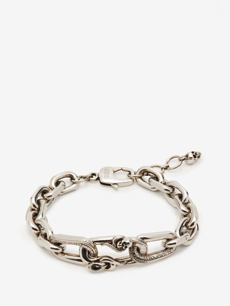 Snake & Skull Chain Bracelet in Antique Silver | Alexander McQueen US Men Alexander Mcqueen, Silver For Men, Snake Skull, Alexander Mcqueen Bracelet, Alexander Mcqueen Skull, Jewelry Candles, Iconic Fashion, Scarf Jewelry, Pendant Earrings