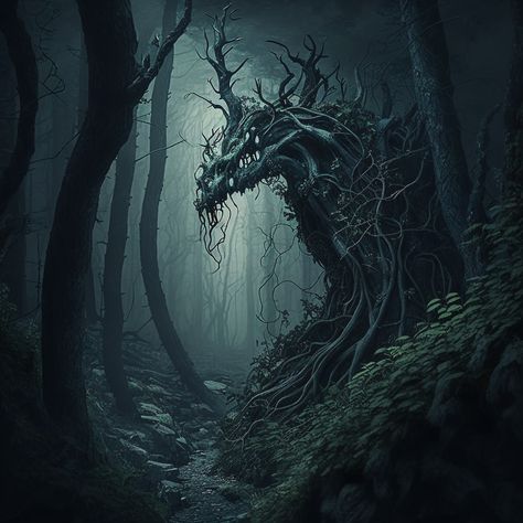 Dark Eerie Forest art Dark Island Fantasy Art, Dark Forest Artwork, Underground Forest Fantasy Art, Dark Forest Art Fantasy Woods, Haunted Forest Art, Dark Fantasy Forest Art, Dark Forest Concept Art, Meg Mucklebones, Corrupted Forest