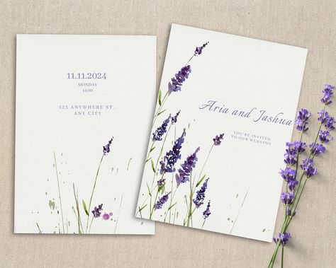 Lavender Wedding Card Design, Simple Watercolor Wedding Invitations, Levander Wedding, Wedding Invitation Lavender, Vintage Christmas Party Invitations, Wedding Card Digital, Wedding Invitation Layout, Homemade Wedding Invitations, Painted Lavender