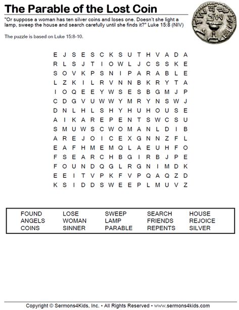 Parable of the Lost Coin - Word Search Puzzle Parable Of The Lost Coin Coloring Page, Lost Coin Parable Activities, The Lost Coin Craft Sunday School, Lost Coin Parable Craft, The Lost Coin Craft, Parable Of The Lost Coin, Shipwreck Vbs, Jungle Vbs, Coloring Worksheets For Kindergarten