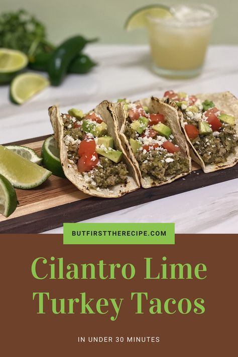 Healthy turkey tacos. Easy to make in under 30 minutes. Use lettuce cups for an even healthier option Tacos Easy, Turkey Tacos, Healthy Turkey, Lettuce Cups, Cilantro Lime, Healthy Options, But First, Cilantro, Lettuce